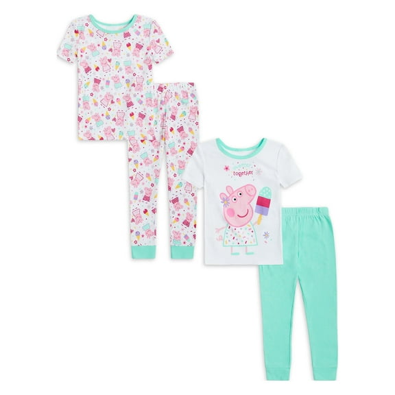 Peppa Pig Baby & Toddler Girls Short Sleeve Snug Fit Cotton Pajamas, 4-Piece Set (2T-5T)