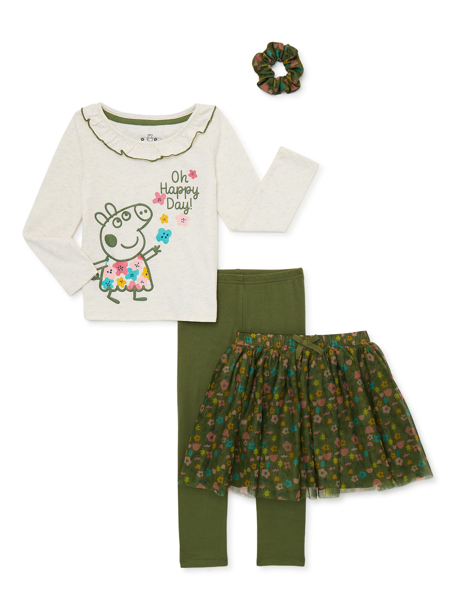 Peppa Pig Baby and Toddler Girl Long Sleeve Top, Tutu, Legging, and Scrunchie, 4 Piece Outfit Set, 2T-5T