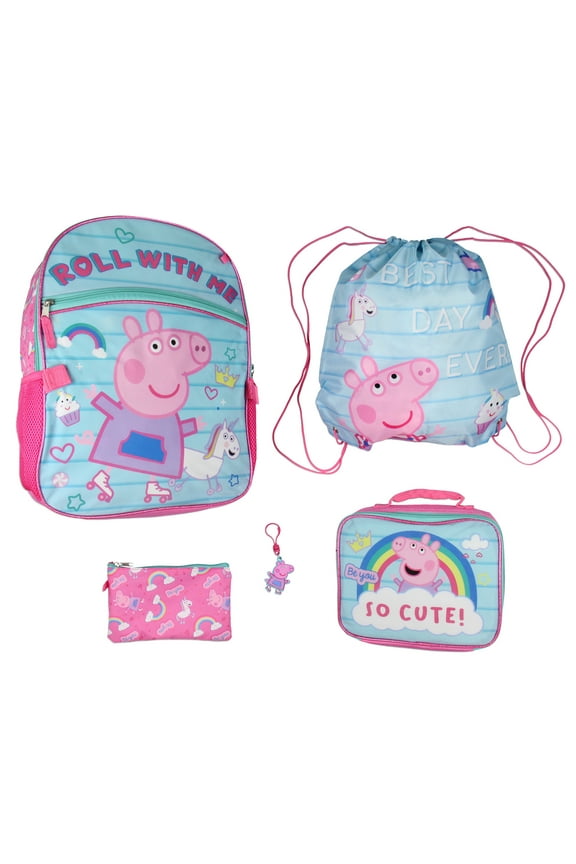 Peppa Pig Backpack Kids School Travel Backpack Set With Lunch Box, Drawstring Bag, Pencil Case, and Rubber Molded Keychain 16"