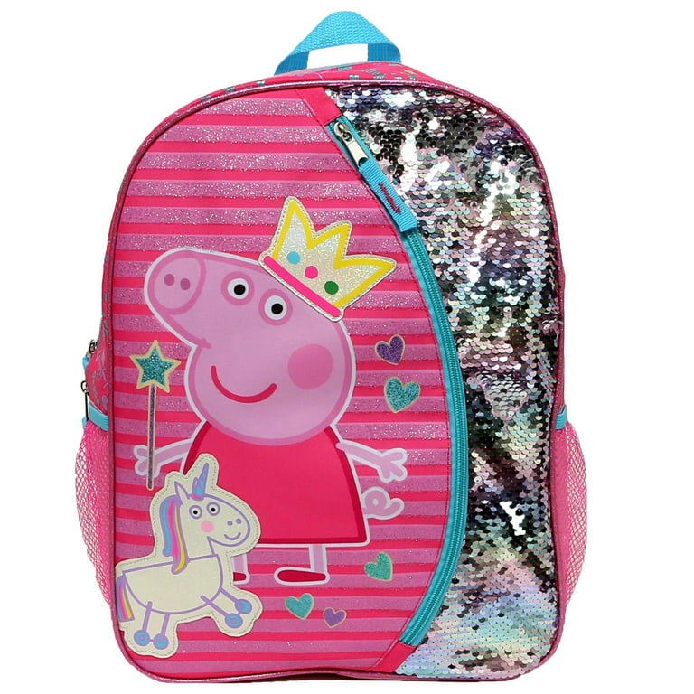 Peppa Pig Backpack for Girls for Kindergarten Elementary School 16 Inch Flip Sequins Glitter Bookbag with Padded Back Adjustable Shoulder