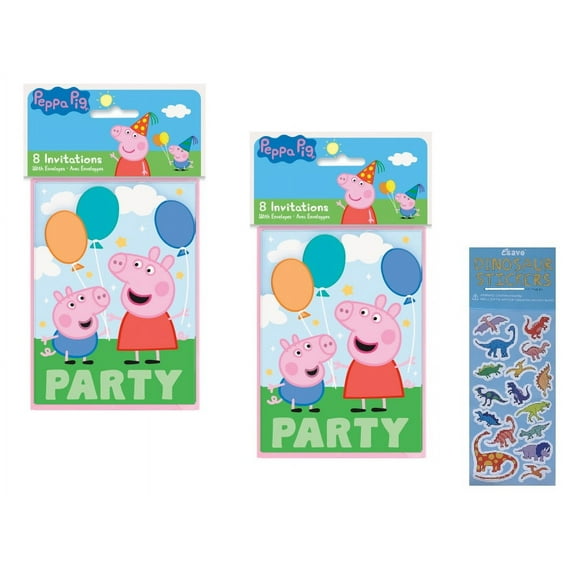 Peppa Pig Birthday Party Supplies Bundle Pack includes 16 Party Invitations with Envelopes and 1 Dinosaur Sticker Sheet