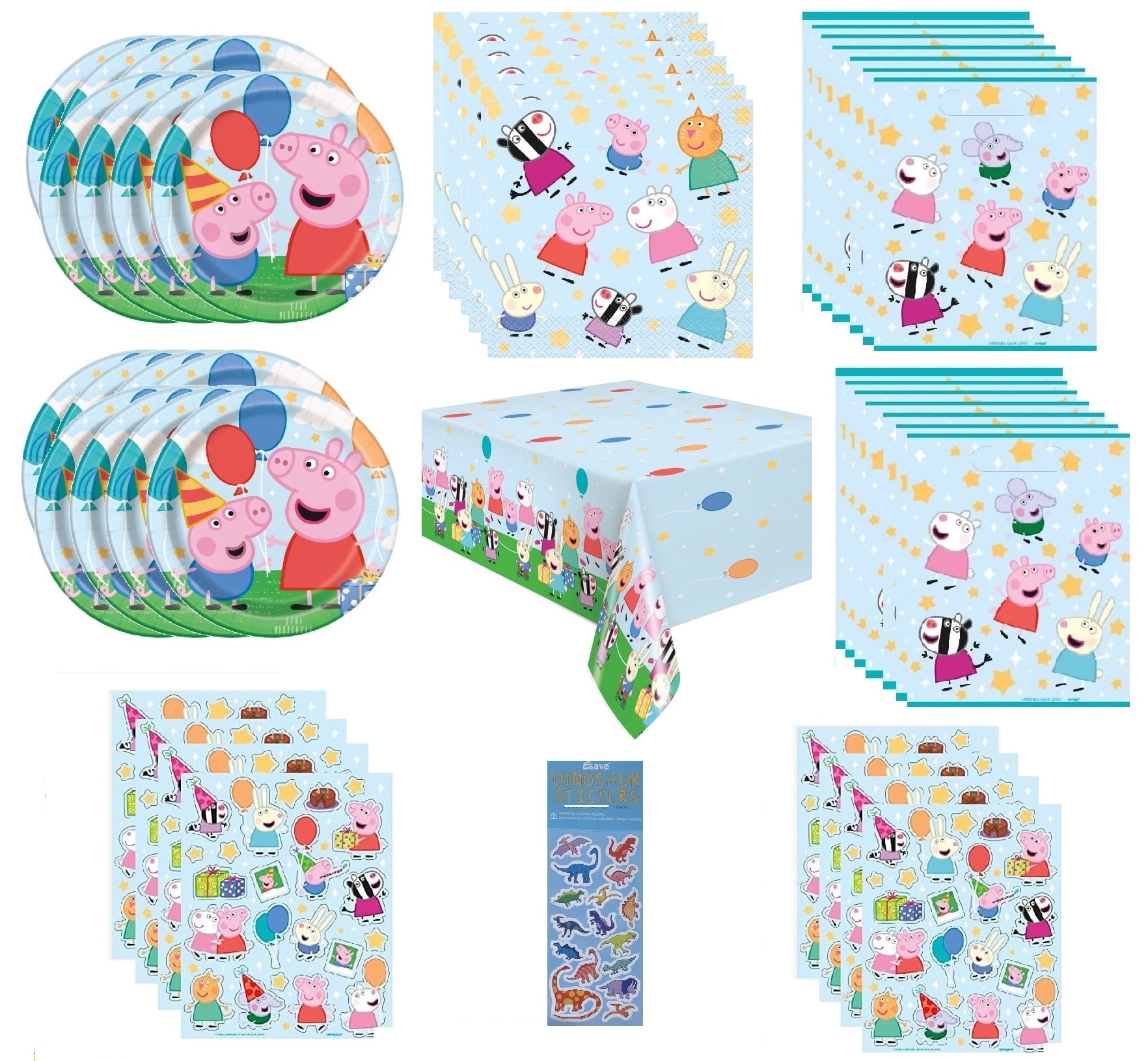 Peppa Pig Birthday Party Supplies Bundle includes 16 Plates 9", 16 Napkins 6.5", 1 Table Cover, 16 Loot Bags, 8 Sticker Sheets with 176 Stickers, 1 Dinosuar Sticker Sheet