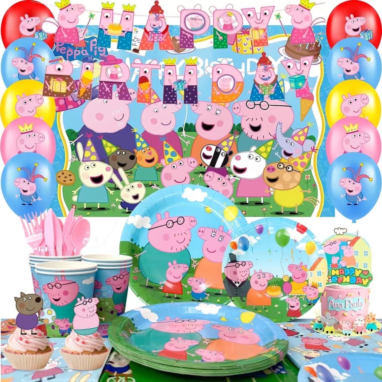 Peppa Pig Birthday Party Supplies, Peppa Pig Party Decorations & Tableware Set - Peppa Pig Cake Toppers Balloons Backdrop Cups etc. Peppa Pig Themed Birthday Party Decorations for boys/girls