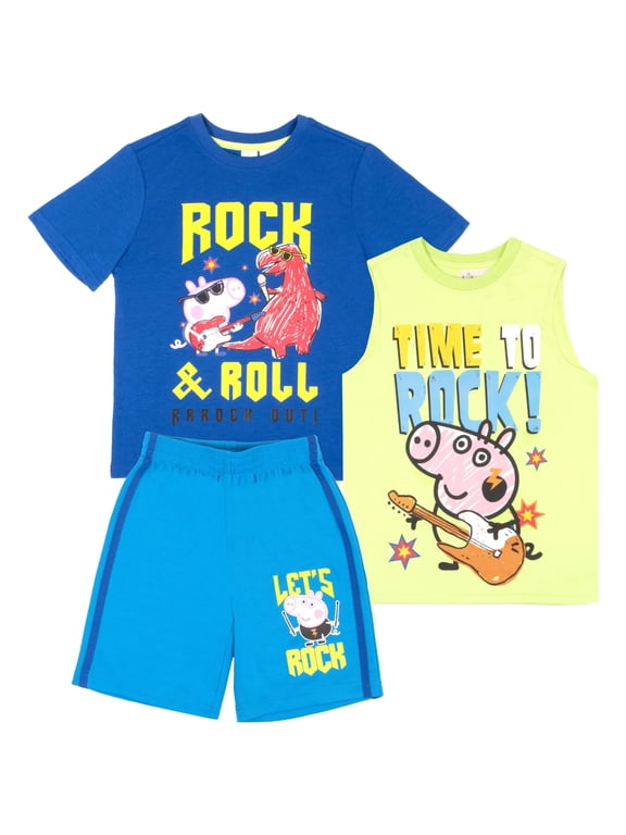 Boys 3 Piece Short Set Peppa Pig Short Sleeve Shirt Tank Top Shirt and Shorts 3 Pack Bundle Set for Kids and Toddlers (Size 3T-8)