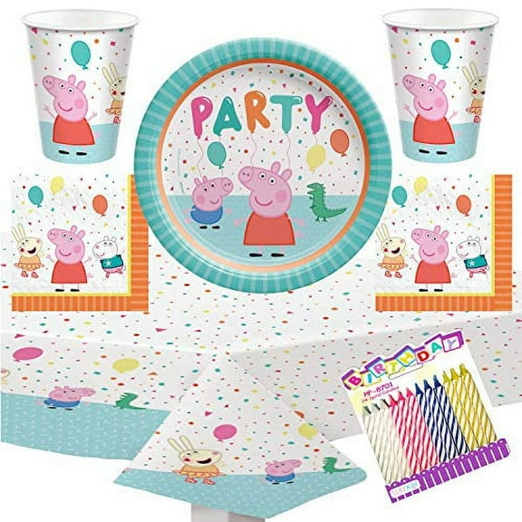 Peppa Pig Confetti Party Supplies Pack Serves 16: 9" Plates Luncheon Napkins Cups and Table Cover with Birthday Candles (Bundle for 16)