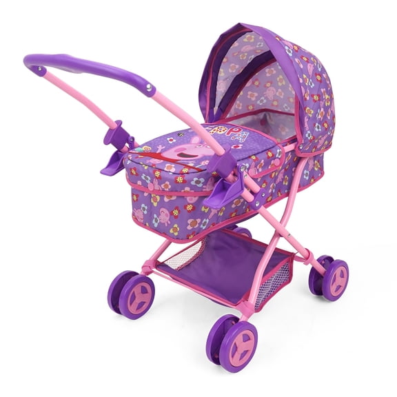 Peppa Pig: Doll Pram - Purple, Pink, Flowers - Accessory For Dolls Up To 18", Foldable, Removable Bassinet, Retractable Canopy, Kids Toy Ages 3+