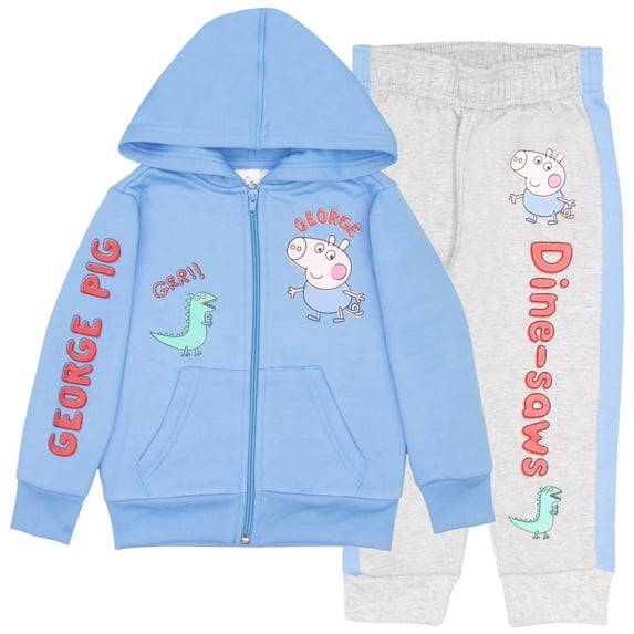 Peppa Pig George Pig Boy's 2 Piece Fleece Set - Dine-saws!! Zip Up Hoodie and Joggers Bundle for Kids and Toddlers (Size 3T-8)