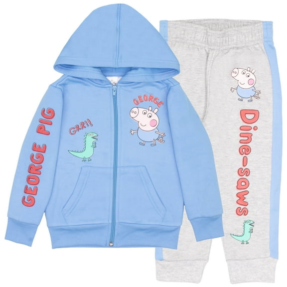Peppa Pig George Pig Boy's 2 Piece Fleece Set - Dine-saws!! Zip Up Hoodie and Joggers Bundle for Kids and Toddlers (Size 3T-8)