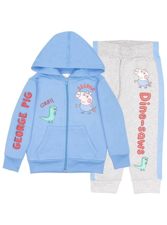 Peppa Pig George Pig Boy's 2 Piece Fleece Set - Dine-saws!! Zip Up Hoodie and Joggers Bundle for Kids and Toddlers (Size 3T-8)