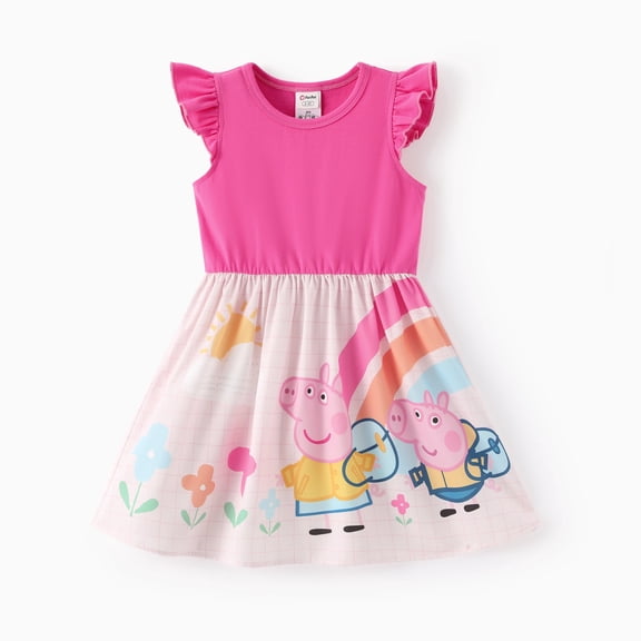 Peppa Pig Girls Dress Flutter Sleeve Cartoon Graphic Dress Summer Casual Party Kids Outfit Pink Sizes 5-6Y
