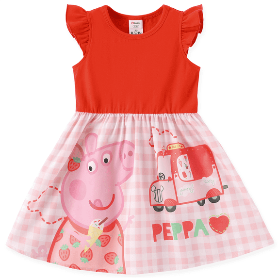 Peppa Pig Girls Dress Flutter Sleeve Cartoon Graphic Dress Summer Casual Party Kids Outfit Red Sizes 4-5Y