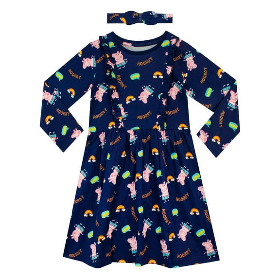 Peppa Pig Girls Long Sleeve Dress And Headband Set Blues Sizes 2T-8