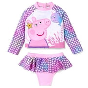 Peppa Pig Girls Swimsuits 2 Pcs Mermaid Scales Long Sleeve Rash Guards and Bikini Bottom Sets Size 2-6
