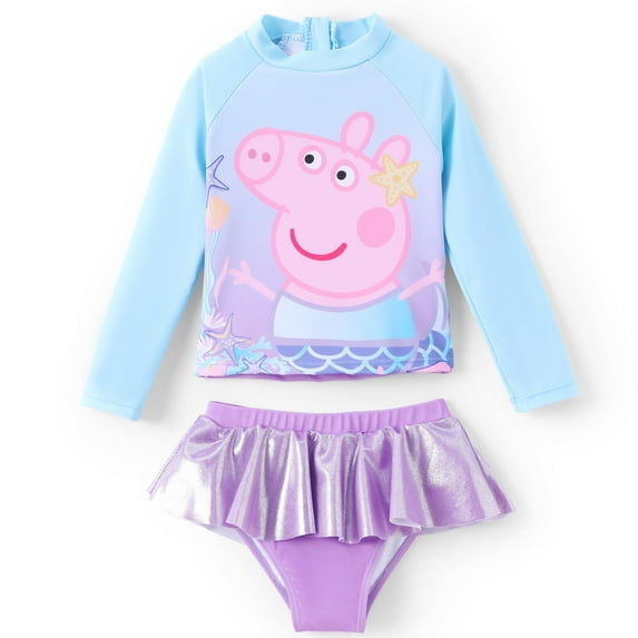 Peppa Pig Girls Swimsuits Sets Mermaid Scales Long Sleeve Rash Guards and Bikini Bottom Set Size 2-6