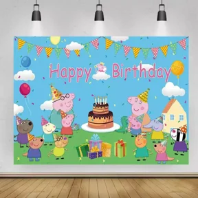 Peppa Happy Birthday Backdrop 5x3.5ft , for Kids Birthday Party Decoration