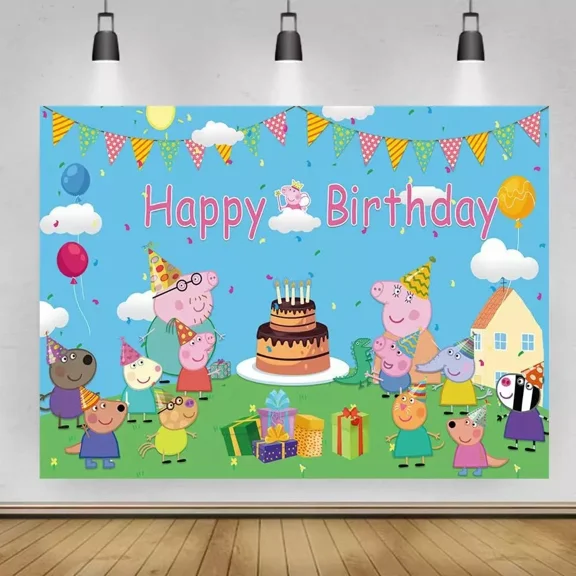 Peppa Happy Birthday Backdrop 5x3.5ft , for Kids Birthday Party Decoration