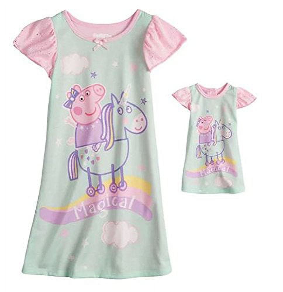 KOMAR KIDS Peppa Pig Magical Unicorn Flutter Sleeve Nightgown and Matching Doll Gown, Size 3T