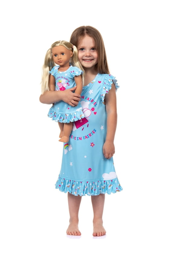 Peppa Pig Pajama Toddler Girls' Princess I Believe In Fairies Sleep Nightgown with Matching Doll Pajama Dress