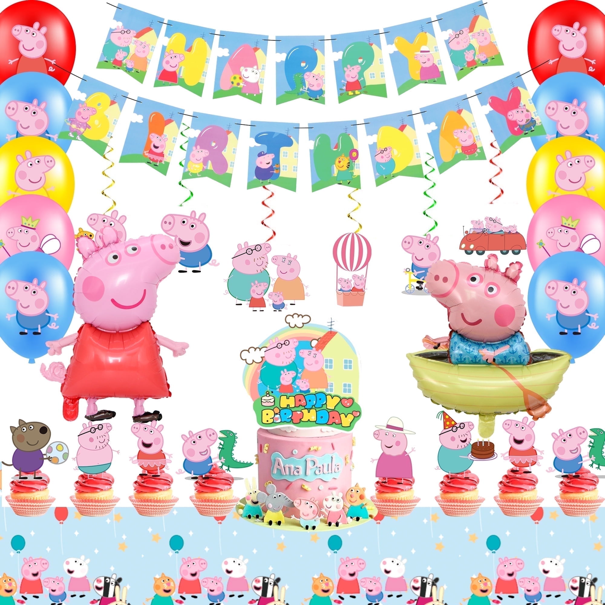 Peppa Pig Party Decorations Set, Peppa Pig Birthday Party Supplies - Peppa Pig Birthday Decorations Banners Tablecloths Spirals & Peppa Pig Balloons Cake Toppers etc Peppa Pig Party Supplies