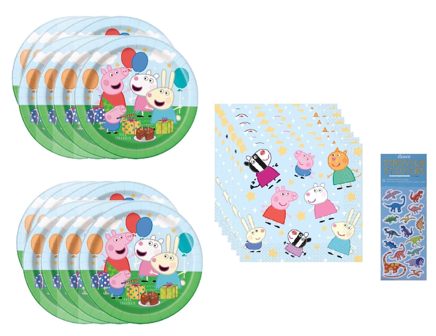 Peppa Pig Party Supplies Bundle Pack includes 16 Dessert Cake Paper Plates, 16 Napkins, 1 Dinosaur Sticker Sheets