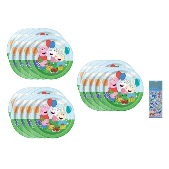 Peppa Pig Party Supplies Bundle Pack includes 24 Dessert Cake Paper Plates and 1 Dinosaur Sticker Sheet