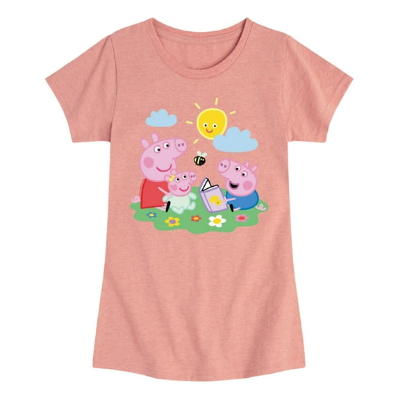 Peppa Pig - Peppa George Baby Reading - Toddler and Youth Girls Fitted Short Sleeve Graphic T-Shirt