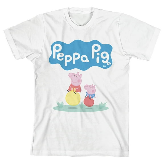 Peppa Pig Peppa & George On Bouncy Balls Toddler Boy's White Crew Neck Short Sleeve T-shirt-2T