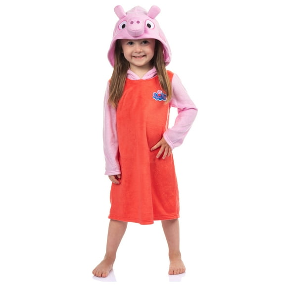 Peppa Pig Raglan Nightgown Toddler Kids' 3D Embroidered Hood Fleece Long Sleeve Pullover Pajama Character Gown Girls Boys
