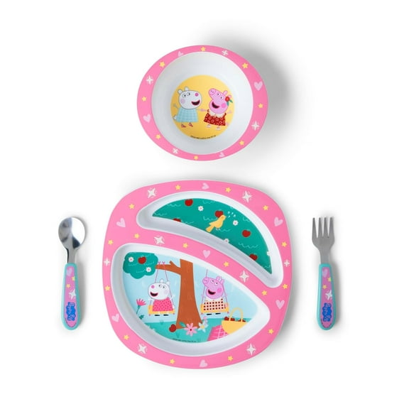 Peppa Pig Toddler Dinnerware Set - Includes Plate, Divided Bowl, and Utensils - Dishwasher Safe Feeding Supplies Made without BPA - 4 Count