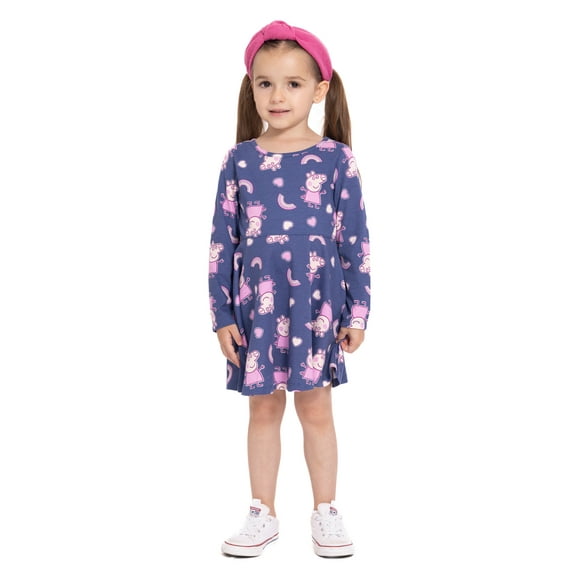 Peppa Pig Toddler Girls Allover Print Dress with Long Sleeves, Sizes 12M-5T