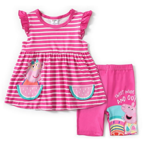 Peppa Pig Toddler Girls 2pcs Watermelon Graphic Ruffle Stripe Dress Tee with Leggings Bike Shorts Set Size 2-6