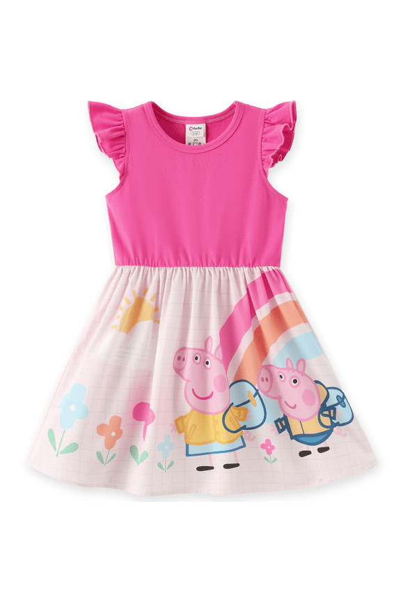 Toddler Girls Dress Flutter Sleeve Cartoon Graphic Dress Summer Casual Party Kids Outfit Pink Sizes 3-4Y
