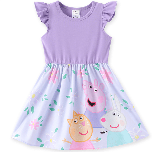 Peppa Pig Toddler Girls Dress Flutter Sleeve Cartoon Graphic Dress Summer Casual Party Kids Outfit Purple Sizes 2Y