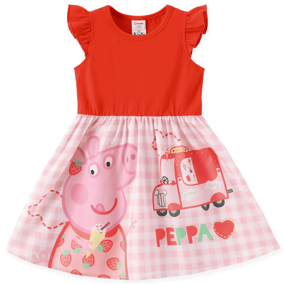Peppa Pig Toddler Girls Dress Flutter Sleeve Cartoon Graphic Dress Summer Casual Party Kids Outfit Red Sizes 3-4Y