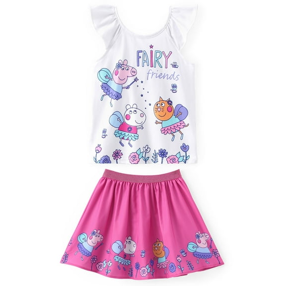 Peppa Pig Toddler Girls Dresses Friends Graphic Flutter Sleeve Tee Top with Skirt 2 Piece Set Size 2T