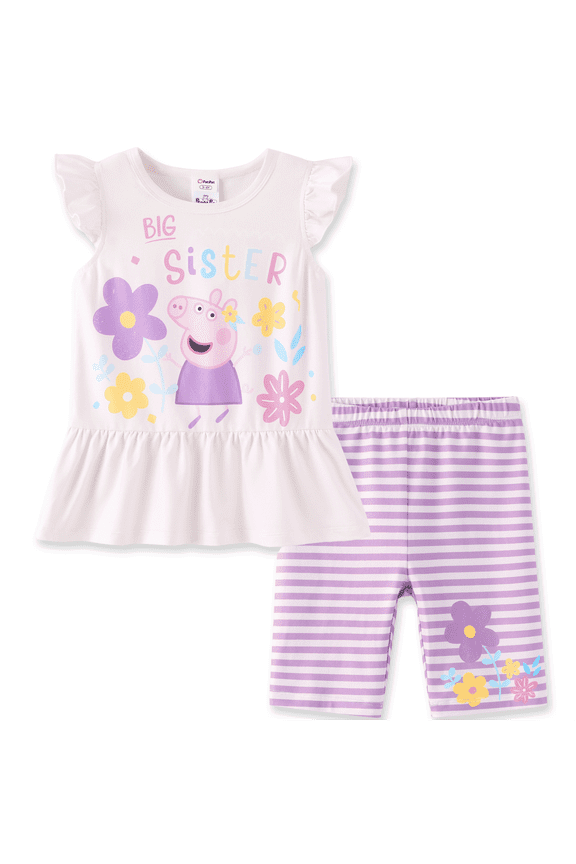 Toddler Girls Outfit Set Graphic Ruffle Dress and Striped Legging Bike Shorts 2 Piece Summer Set Sizes 3Y