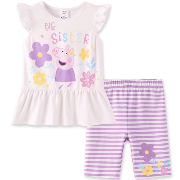 Peppa Pig Toddler Girls Outfit Set Graphic Ruffle Dress and Striped Legging Bike Shorts 2 Piece Summer Set Sizes 3Y