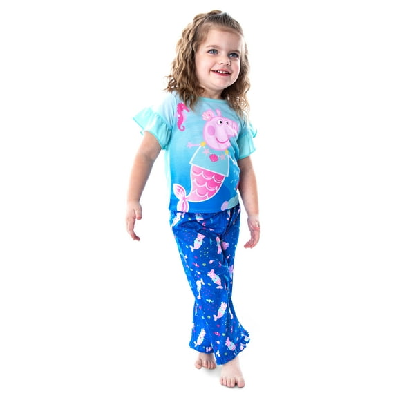 Peppa Pig Toddler Girls' Pajamas Mermaid Fun 2 Piece Sleepwear Set with Ruffled Cuffs on Sleeves (2T)