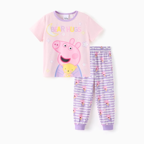 Peppa Pig Toddler Girls Pajamas Set Graphic Short Sleeve Top Pink Tee Purple Stripe Print Pants 2 Piece Kids Sleepwear PJs Sizes 3Y