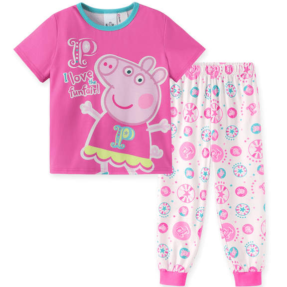 Peppa Pig Toddler Girls Pajamas Set Pink Holiday Graphic Short Sleeve Top Candy Print Pants 2 Piece Kids Sleepwear PJs Sizes 3-4Y