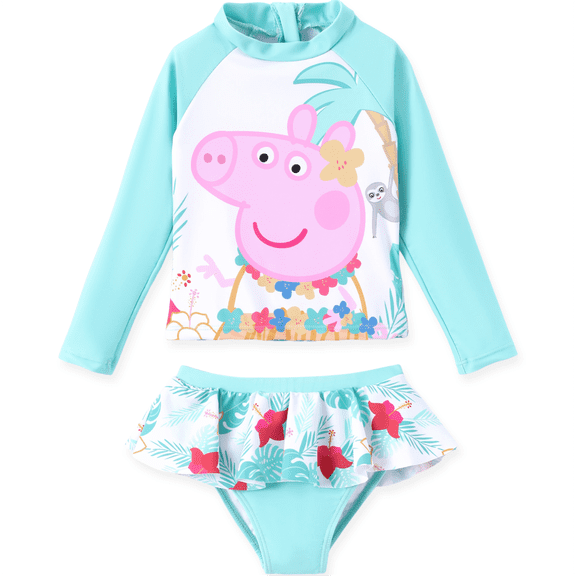 Peppa Pig Toddler Girls Swimsuit Set Long Sleeve Rash Guard Swim Shirt Ruffle Swim Skirt Bottom Bathing Suit Sizes 3Y