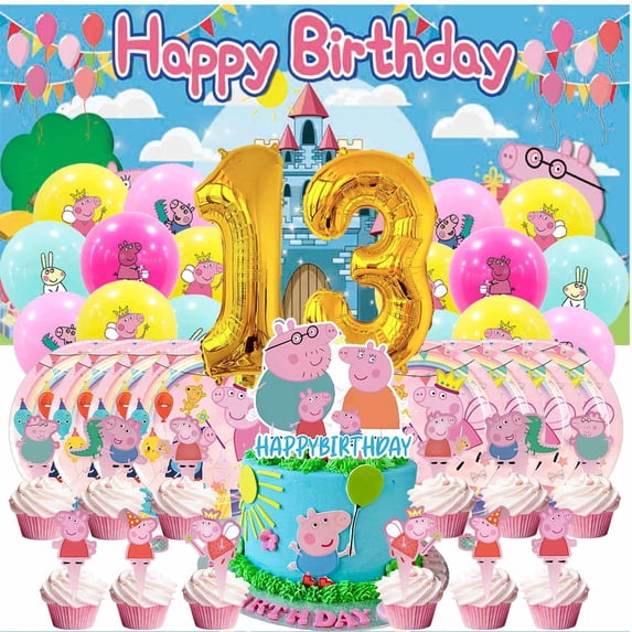 Peppa Pigs Balloons Party Supplies 13th Decor Tableware Birthday Cake Topper Decorations Banner Backdrop