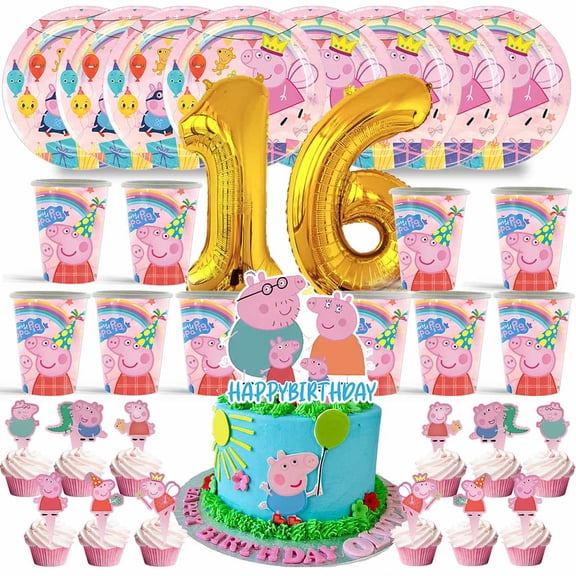 Peppa Pigs Birthday 16th Cups Party Supplies Plates Fans Decorations Cake Topper Decor