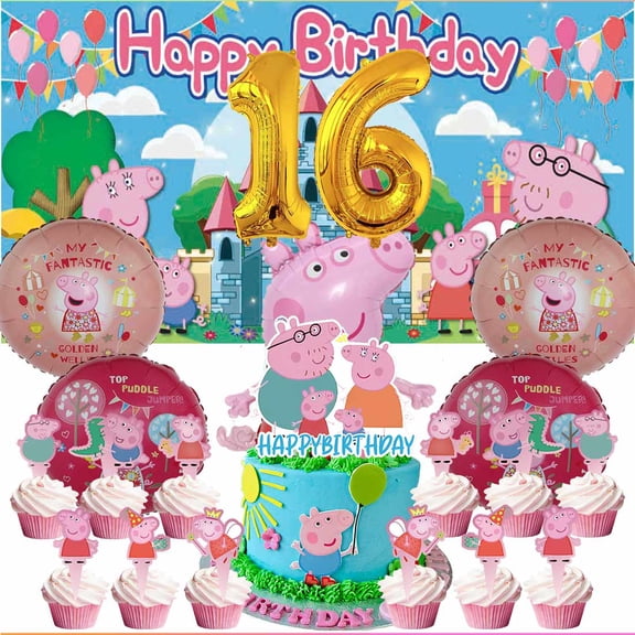 Peppa Pigs Party Supplies Decor 16th Kit Balloons Birthday Cake Topper Banner Backdrop Decorations