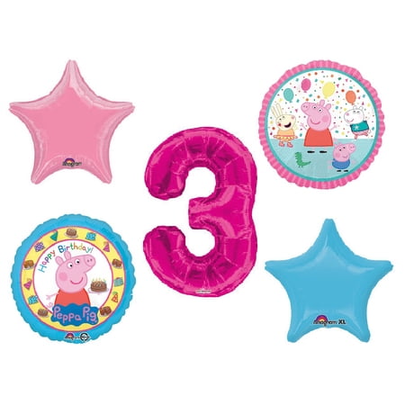 Peppa The Pig 3rd #3 Happy Birthday 5 Piece Bouquet Party Mylar Balloons Favor Set