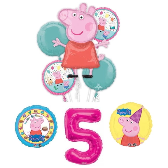 Pig 5th #5 8 Piece Happy Birthday Bouquet Party Mylar Balloon Bouquet