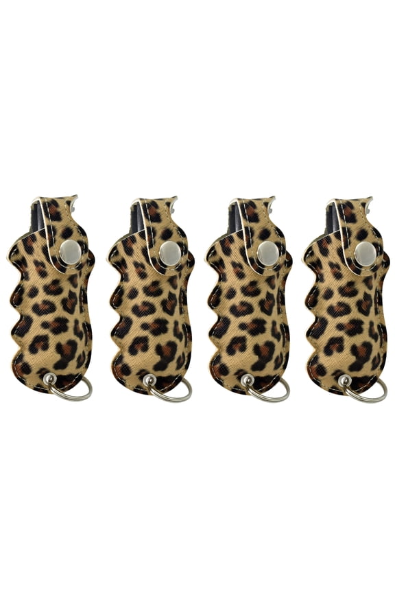 4-PACK Pepper Spray with Leopard Grip Holster and Keychain Attachment, 1/2 oz. - Safety Twist Lock Glow Trigger - Maximum Strength 10% OC Formula - Self Defense Protection