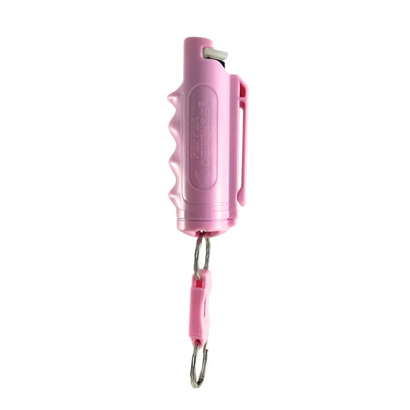 Pepper Defense 4-in-1 Pepper Spray Keychain with Pink Finger Grip Belt Clip Holster - Maximum Strength Formula with 10% OC, CS, CN, Marking Dye (Pink Pepper Spray)