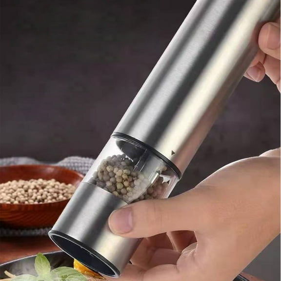 Pepper Grinder Automatic Electric Mill | Stainless Steel | One-Hand Operation Push-Button | Adjustable Coarseness | Refillable Dispenser | Silver | 5.2x5.2x23cm | Battery Operated | 1 Piece