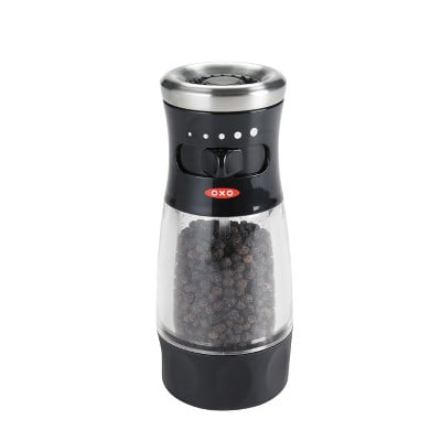 Pepper Grinder: Black Refillable Spice Mill, Stainless Steel, Mess-Free Design, 5.65" Height